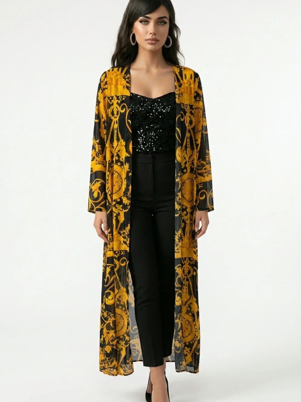 BANJUL | Black and Dark Gold Floral-Scroll Sheer Duster Women’s Size Medium
